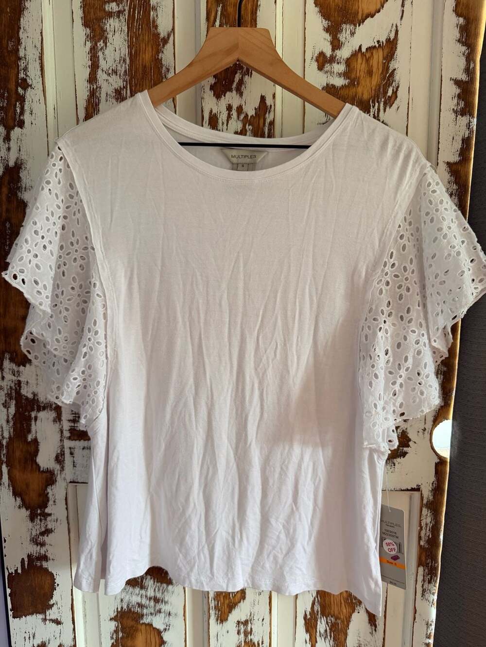 🏝️Multiples White Eyelet Flutter-Sleeve Knit Tee Cottagecore Coastal Parisian